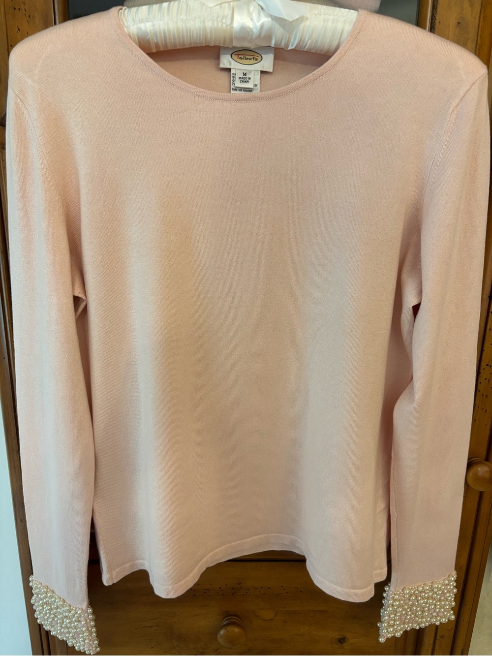 Talbots Blush Long Sleeve Top with Pearl-Cuff Trim